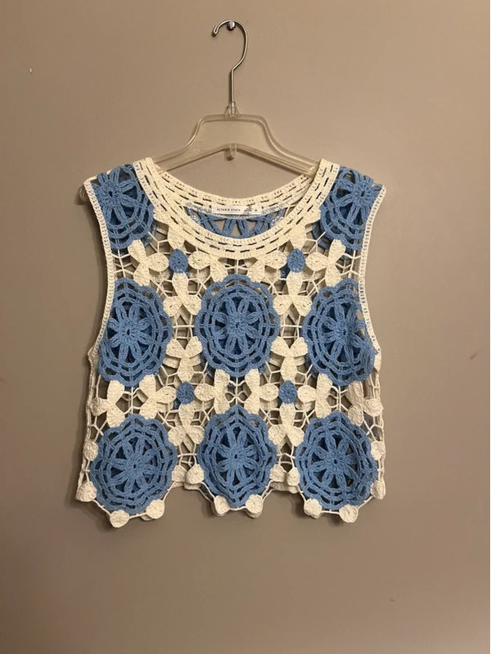 Altar’d State Crochet Floral Tank Top Blue Ivory Boho Open Knit Size M